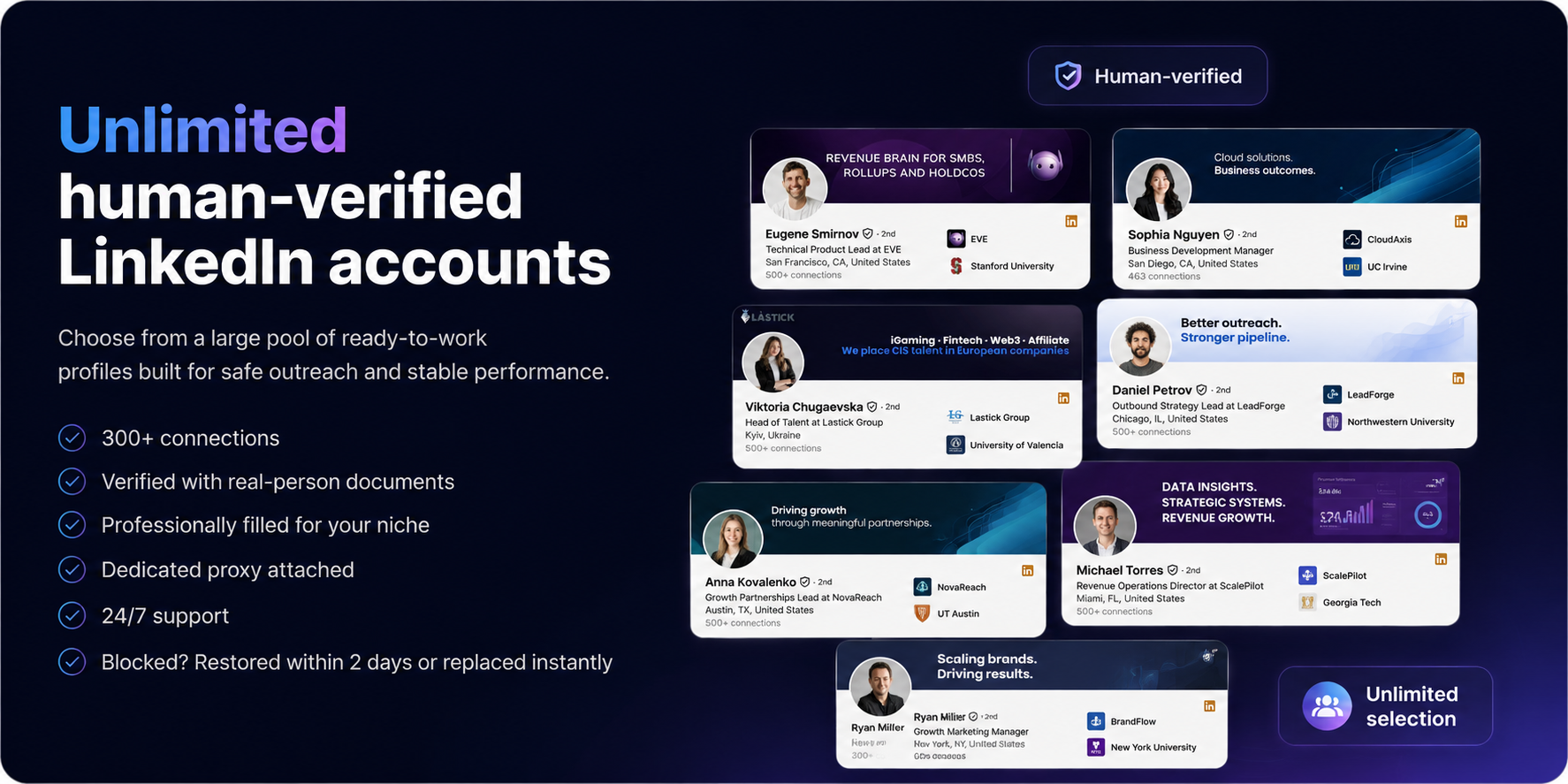 Unlimited human-verified LinkedIn accounts, ready to work